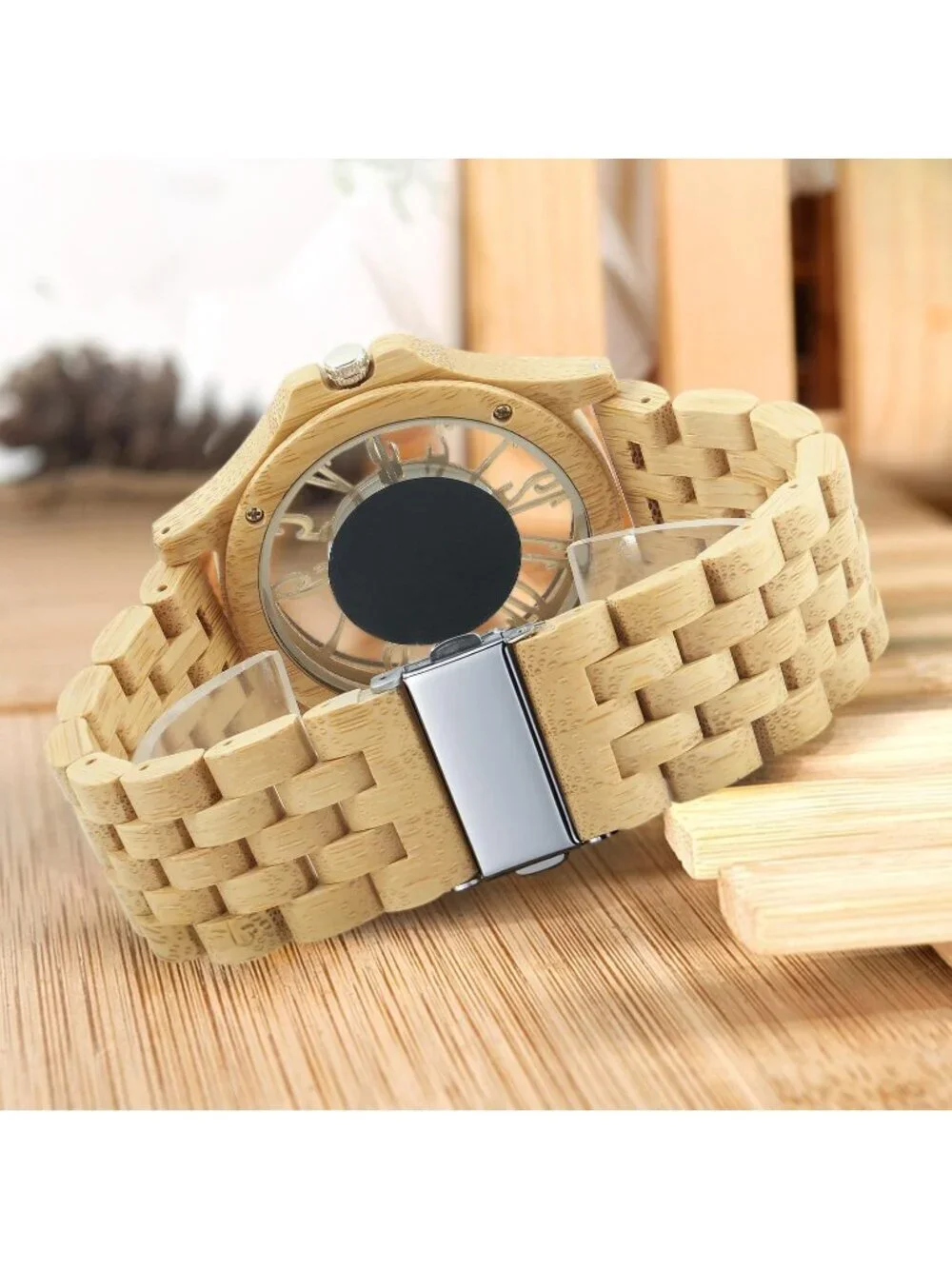 Men's Yellow Quartz Ebony Zebra Fold over Clasp Wood Strap Round Wooden Watch